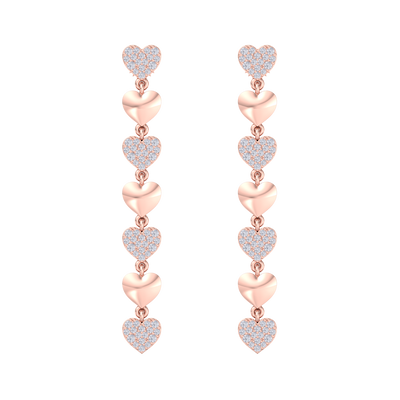 Dangle earrings with gold hearts in rose gold with white diamonds of 1.01 ct in weight