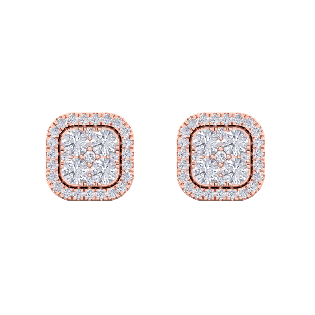 Square cluster stud earrings in rose gold with white diamonds of 1.00 ct in weight
