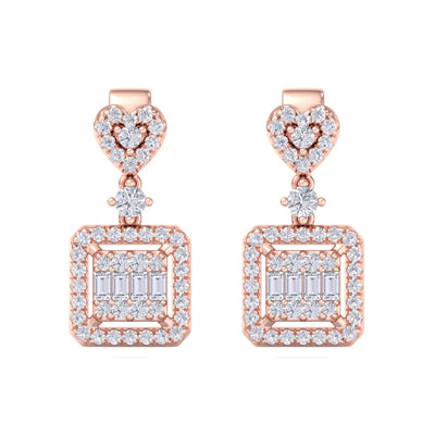 Square drop heart earrings in rose gold with white diamonds of 0.65 ct in weight