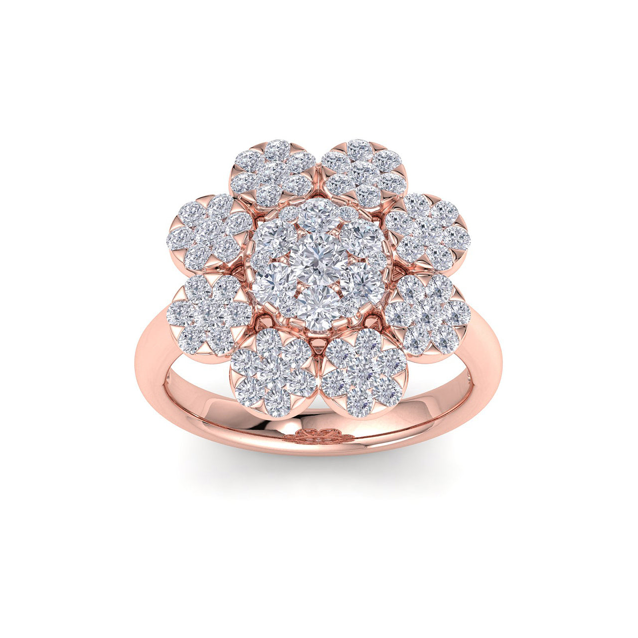 Flower shaped ring in yellow gold with white diamonds of 1.84 ct in weight
