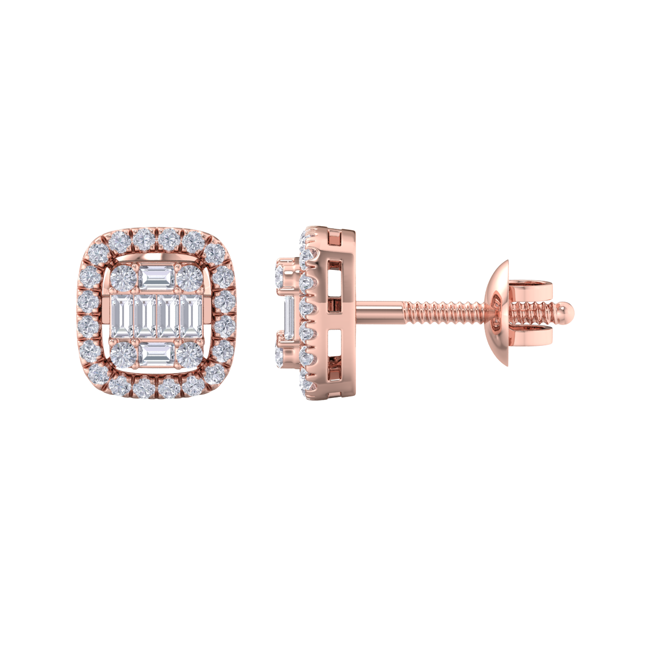 Halo square stud earrings in rose gold with white diamonds of 0.41 ct in weight