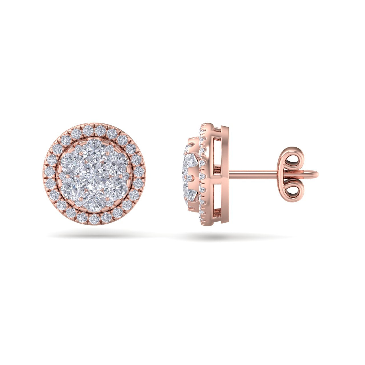 Round halo stud earrings in white gold with white diamonds of 1.08 ct in weight