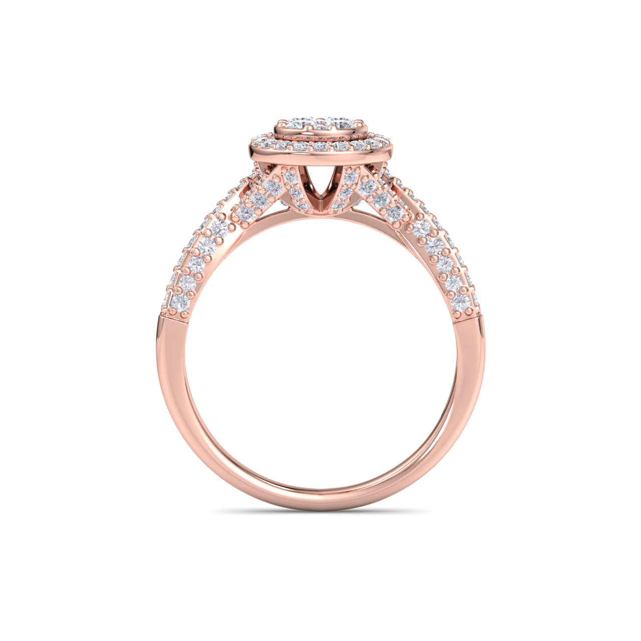 Round cluster engagement ring in rose gold with petite white diamonds of 0.76 ct in weight