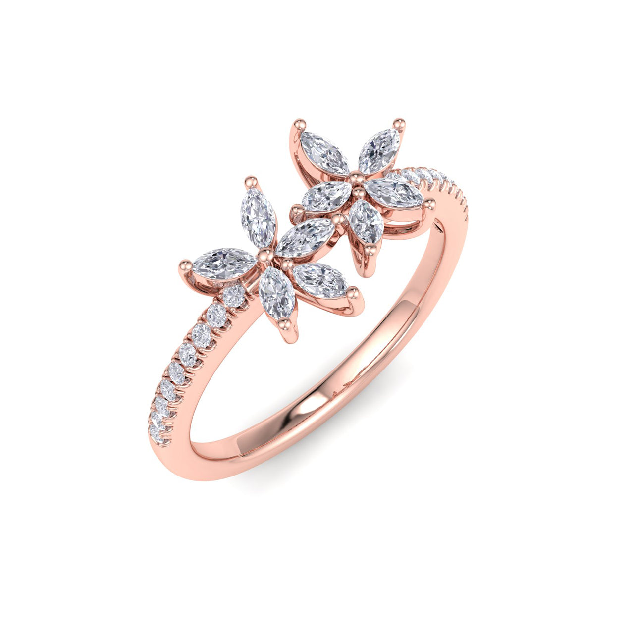 Two of a kind flower ring in white gold with white diamonds of 0.70 ct in weight