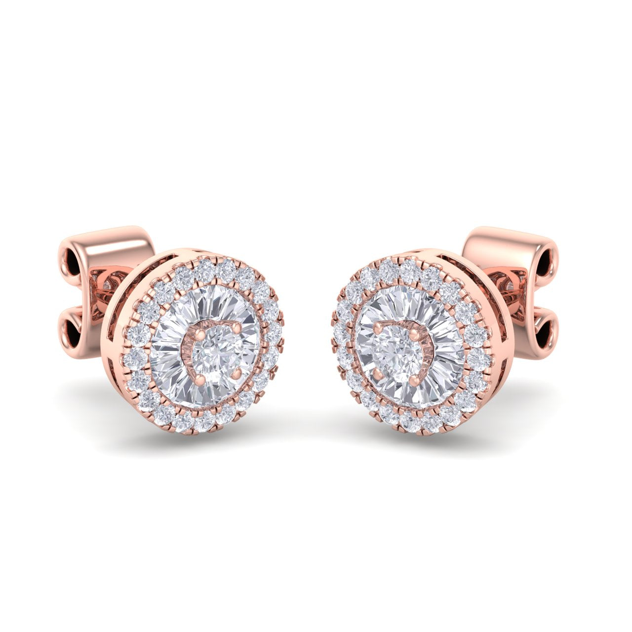 Halo stud earrings in rose gold with white diamonds of 0.46 ct in weight