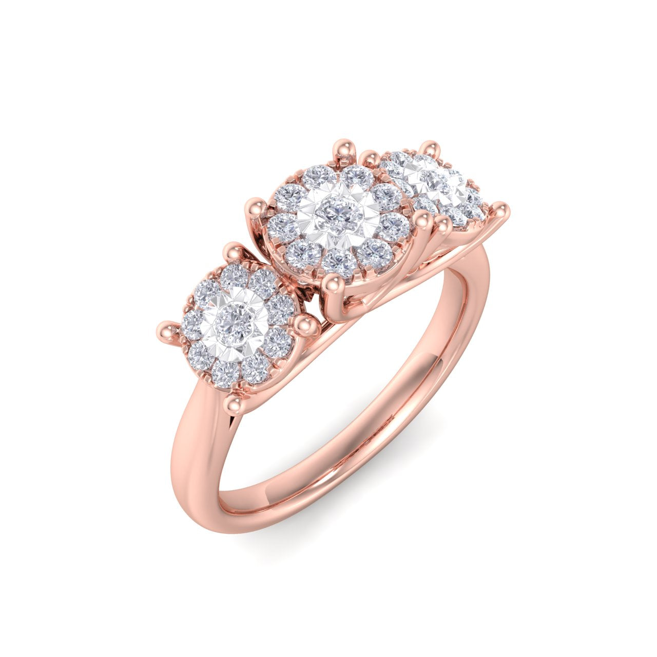 Three stones diamond ring with miracle plates in rose gold with white diamonds of 0.37 ct in weight