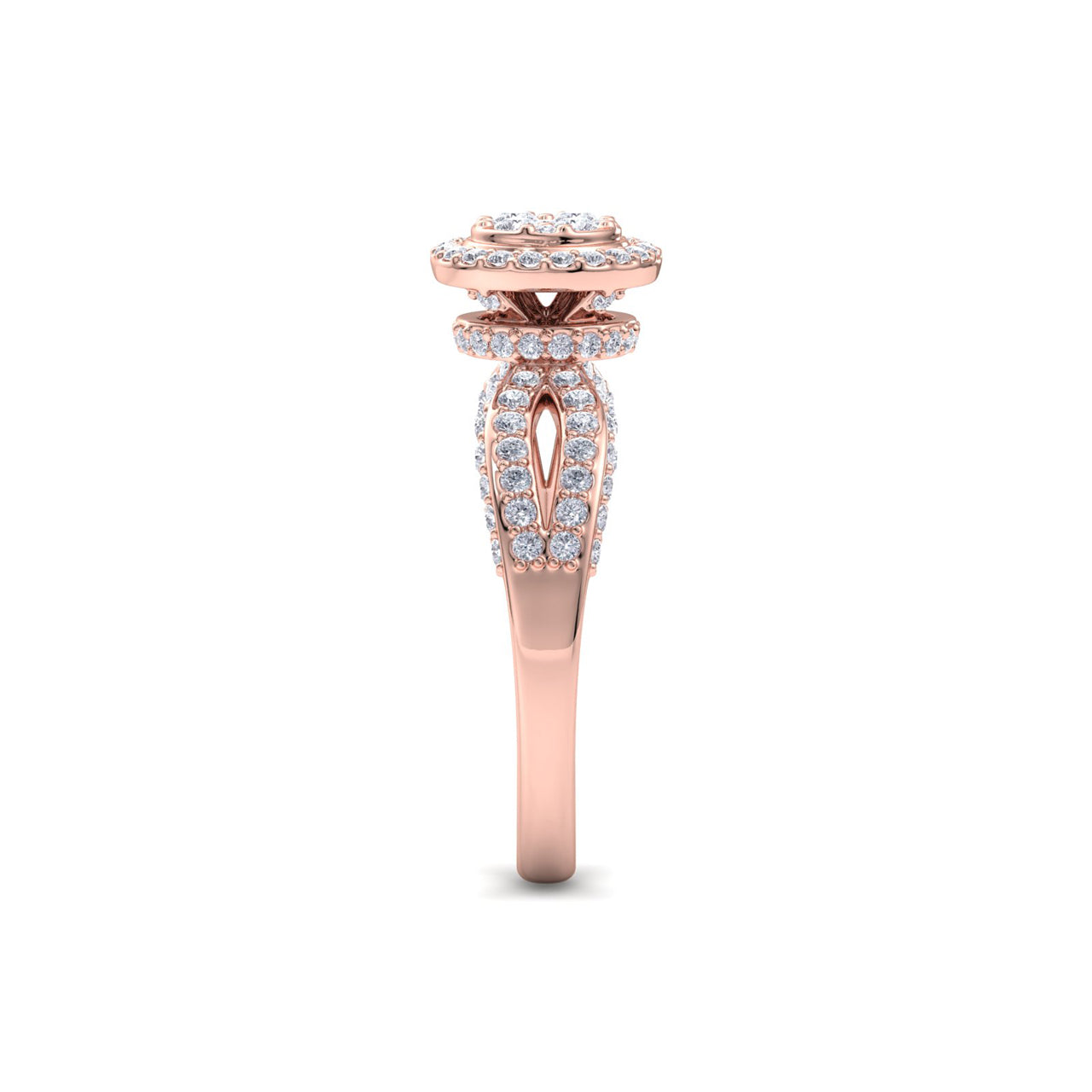 Round cluster ring in rose gold with white diamonds of 0.98 ct in weight