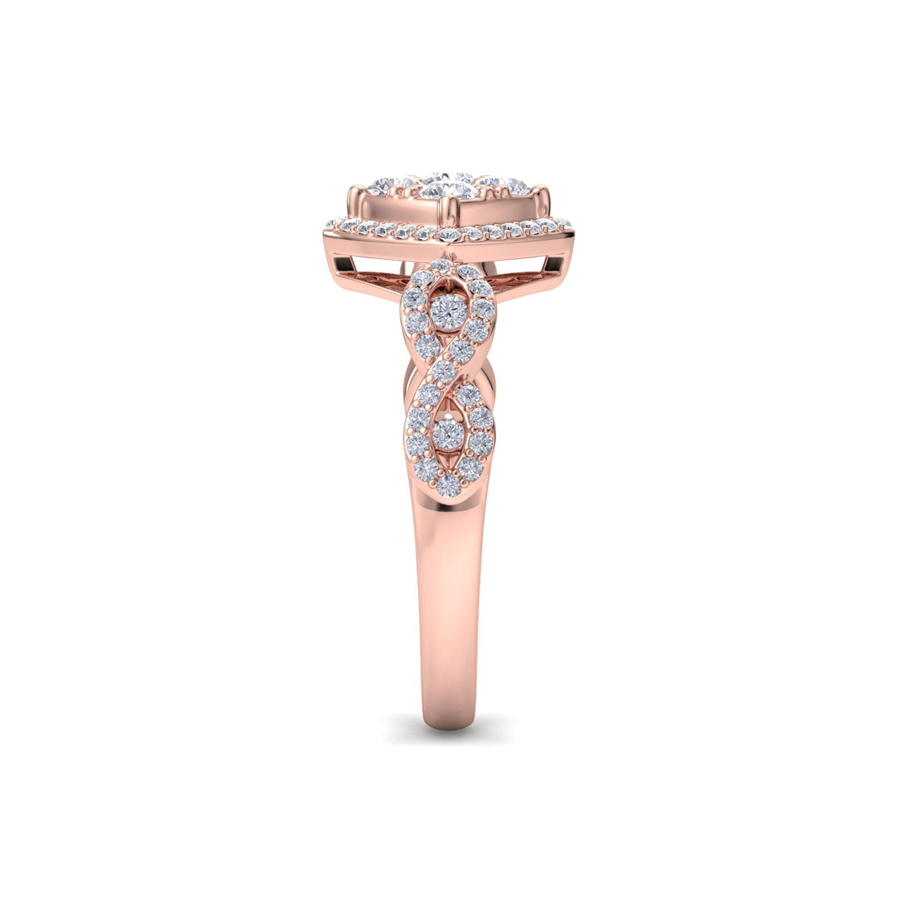 Diamond shaped halo ring in rose gold with white diamonds of 0.82 ct in weight