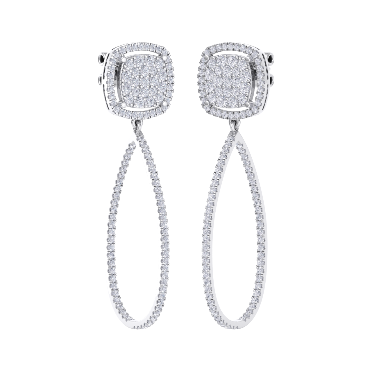 Dangle hoop earrings in white gold with white diamonds of 1.30 ct in weight