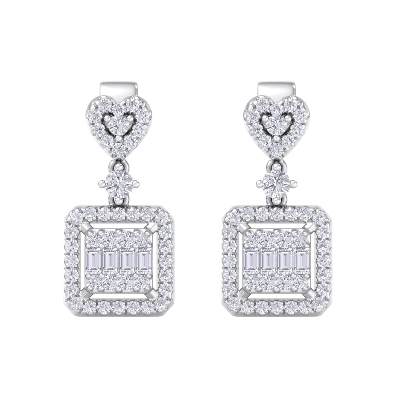 Square drop heart earrings in rose gold with white diamonds of 0.65 ct in weight