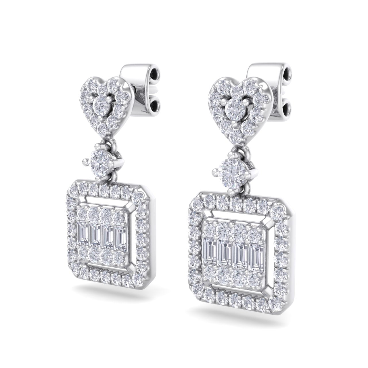 Square drop heart earrings in yellow gold with white diamonds of 0.65 ct in weight