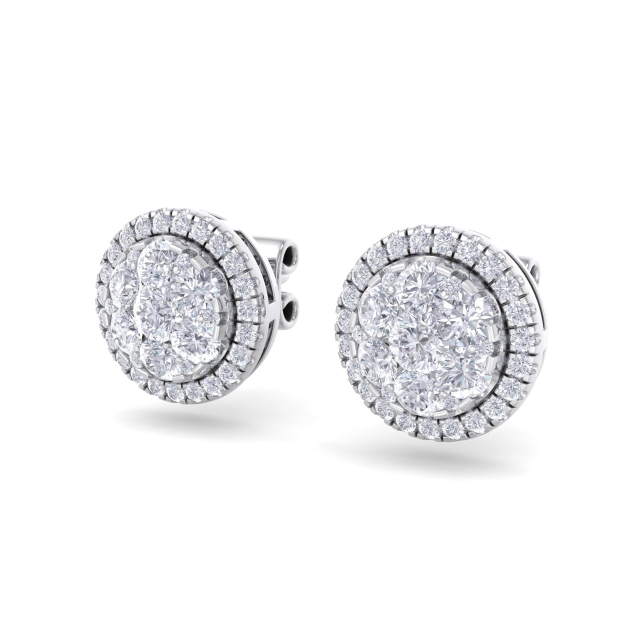 Round halo stud earrings in yellow gold with white diamonds of 1.08 ct in weight