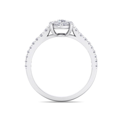 Halo engagement ring with pavé band in yellow gold with white diamonds of 0.56 ct in weight