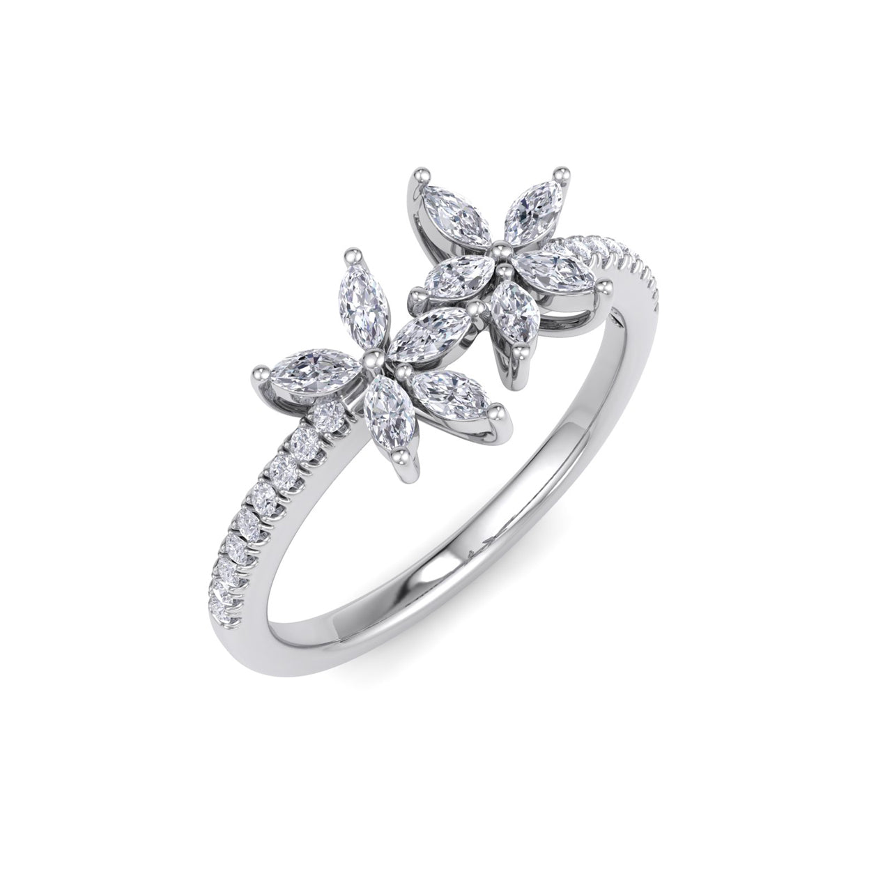 Two of a kind flower ring in white gold with white diamonds of 0.70 ct in weight