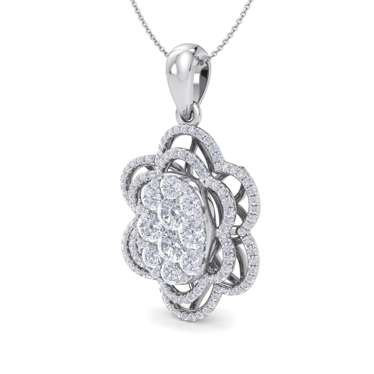 Flower shaped pendant necklace in white gold with white diamonds of 1.36 ct in weight - HER DIAMONDS®