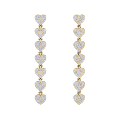 Dangle earrings with hearts in yellow gold with white diamonds of 1.78 ct in weight