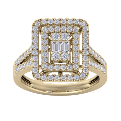 Square diamond ring with split shank in yellow gold with white diamonds of 1.02 ct in weight