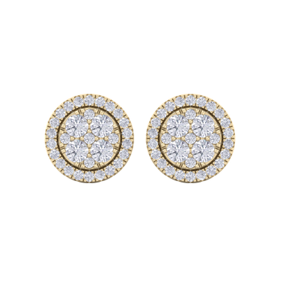 Round cluster stud earrings in yellow gold with white diamonds of 0.98 ct in weight
