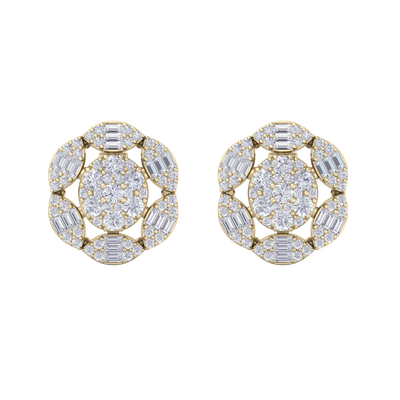 Flower stud earrings in yellow gold with white diamonds of 2.47 ct in weight