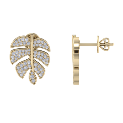 Leaf shaped earrings in yellow gold with white diamonds of 0.65 ct in weight