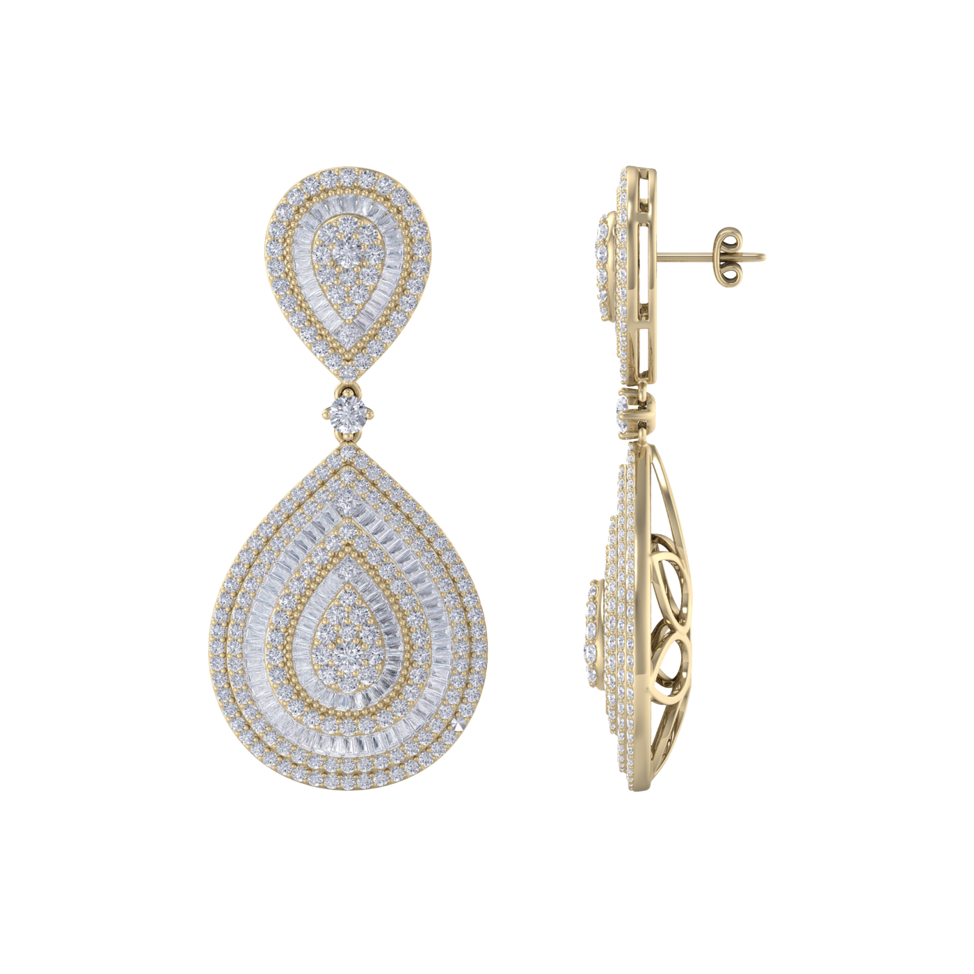 Diamond chandelier earrings in yellow gold with white diamonds of 8.15 ct in weight