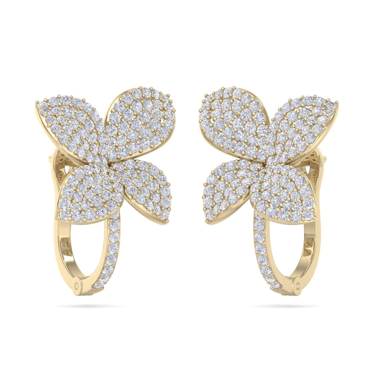 Flower french clip earrings in yellow gold with white diamonds of 1.41 ct in weight