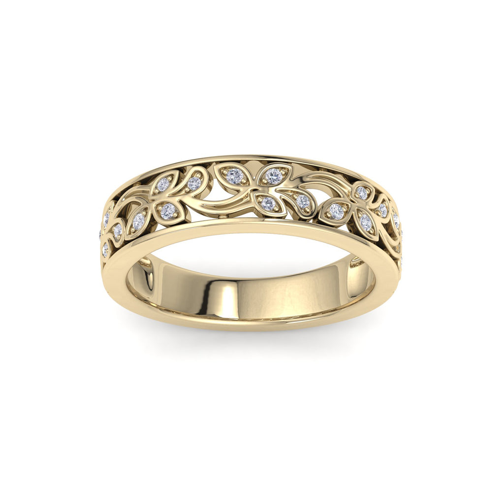 Ring with leaf pattern in yellow gold with white diamonds of 0.13 ct in weight