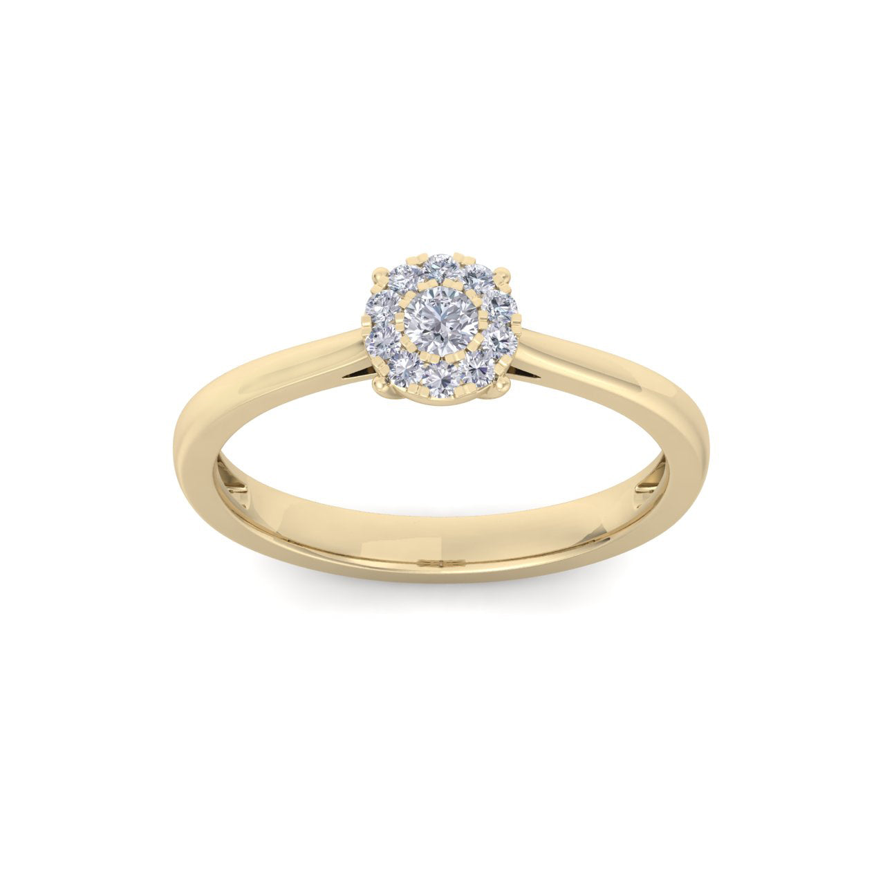 Halo engagement ring in yellow gold with white diamonds of 0.15 ct in weight