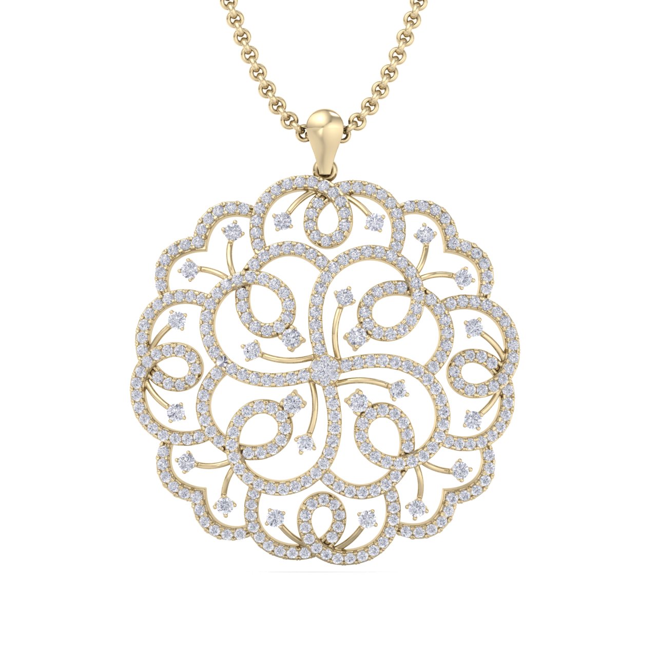 Flower pendant in yellow gold with white diamonds of 3.70 ct in weight