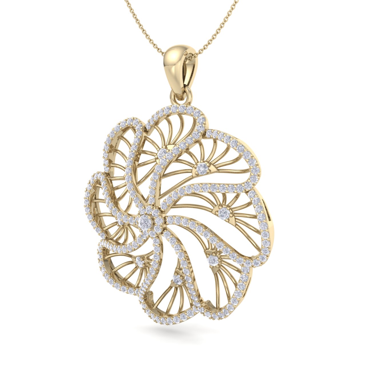 Flower pendant in yellow gold with white diamonds of 2.70 ct in weight