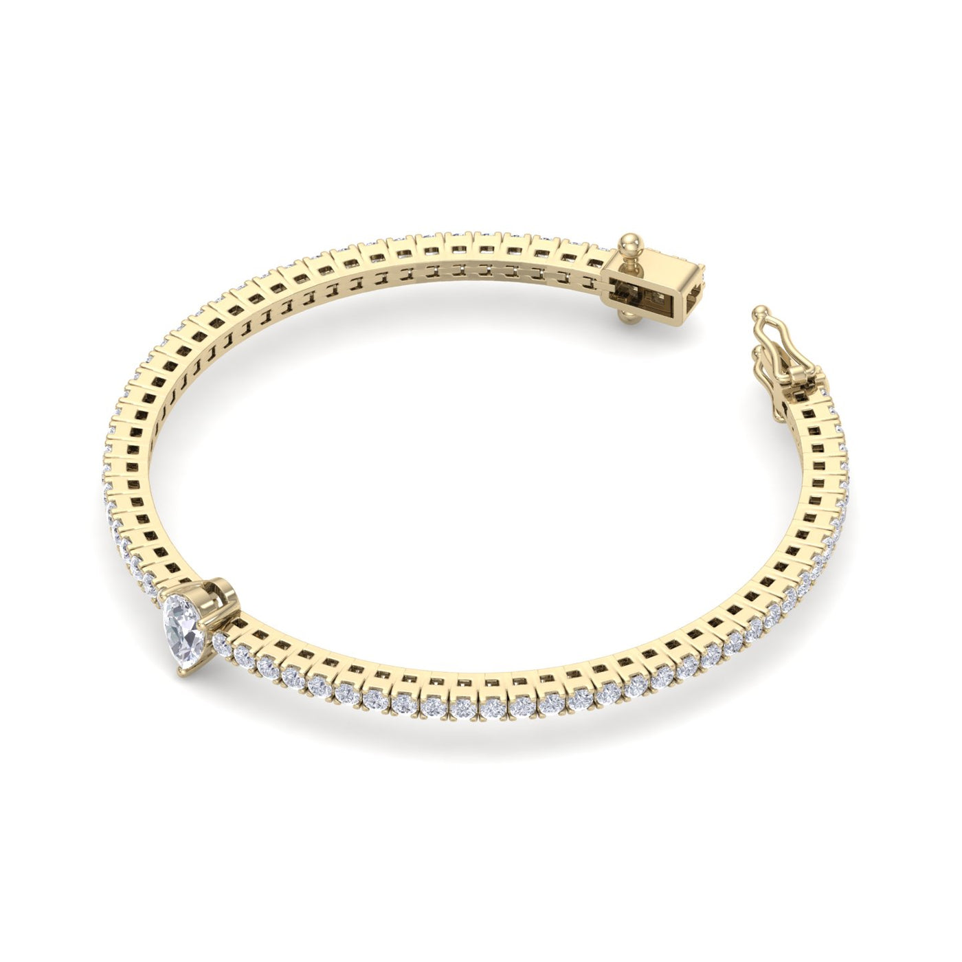 Tennis bracelet with a pear cut center stone in yellow gold with white diamonds of 2.15 ct in weight