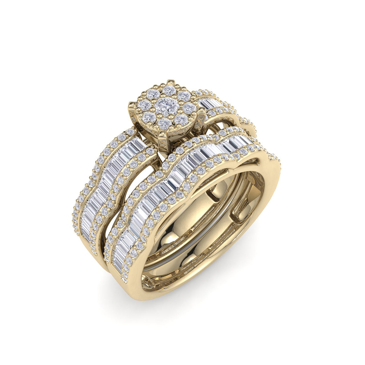 Wave bridal ring set in yellow gold with white diamonds of 1.17 ct in weight