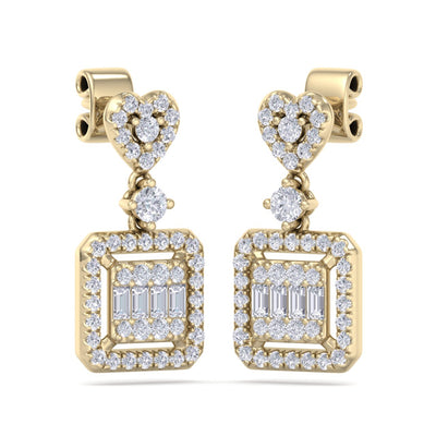 Square drop heart earrings in yellow gold with white diamonds of 0.65 ct in weight
