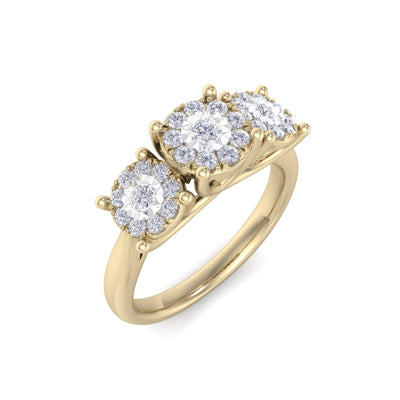 Three stones diamond ring with miracle plates in yellow gold with white diamonds of 0.37 ct in weight