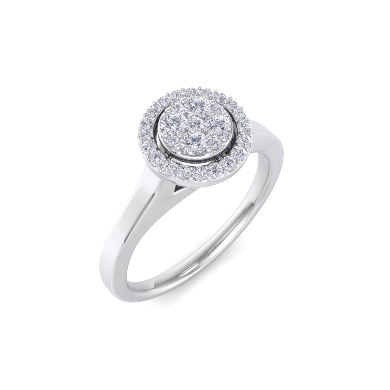 Halo engagement ring in white gold with white diamonds of 0.77 ct in weight