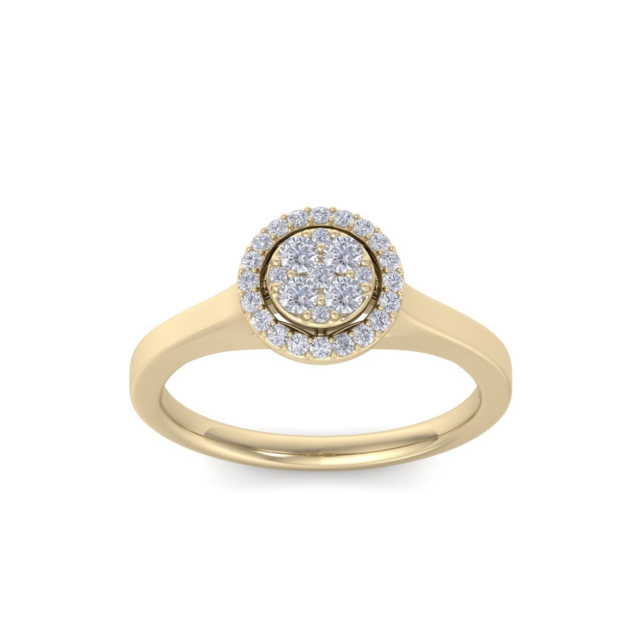 Halo engagement ring in yellow gold with white diamonds of 0.77 ct in weight